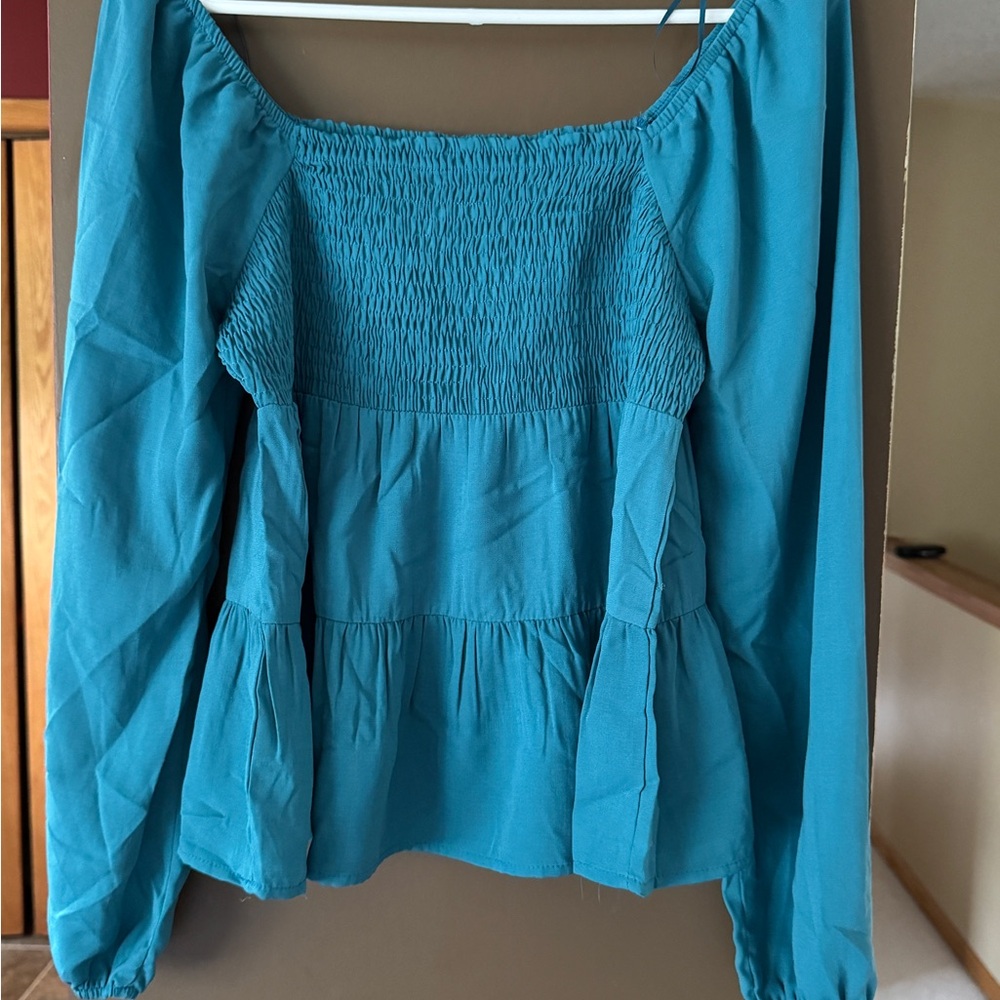 Paper Crane Teal Smocked Blouse